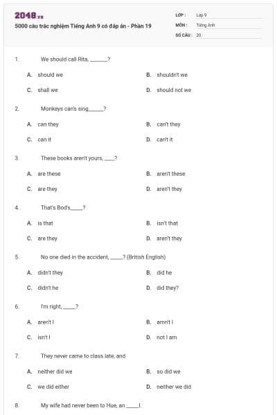 5000 câu trắc nghiệm Tiếng Anh 9 có đáp án - Phần 19