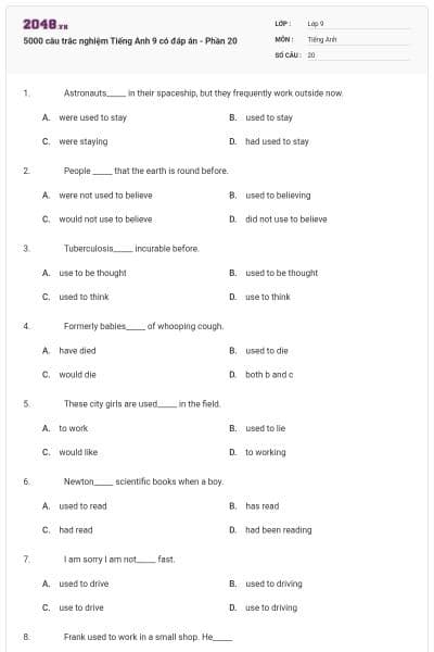 5000 câu trắc nghiệm Tiếng Anh 9 có đáp án - Phần 20