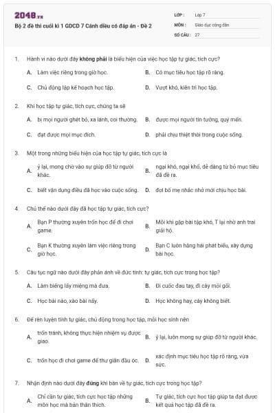 Bộ 2 đề thi cuối kì 1 GDCD 7 Cánh diều có đáp án - Đề 2