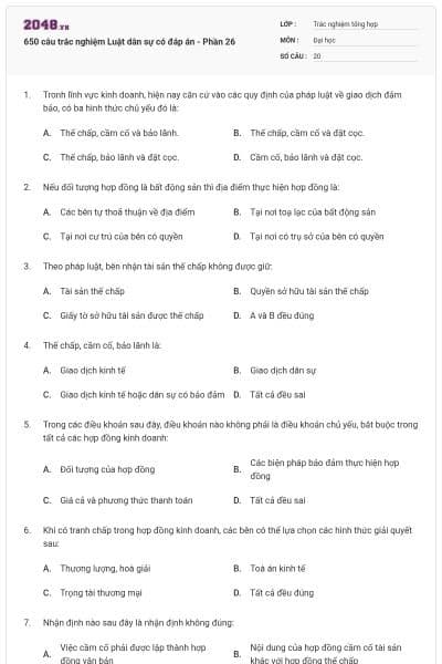650 câu trắc nghiệm Luật dân sự có đáp án - Phần 26