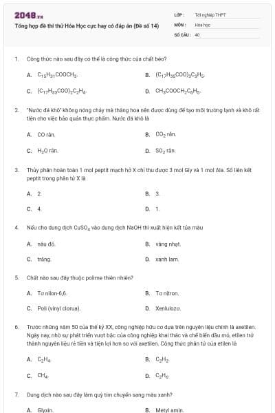 Tổng hợp đề thi thử Hóa Học cực hay có đáp án (Đề số 14)