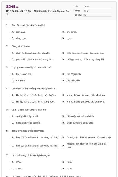Bộ 5 đề thi cuối kì 1 Địa lí 10 Kết nối tri thức có đáp án - Đề 4