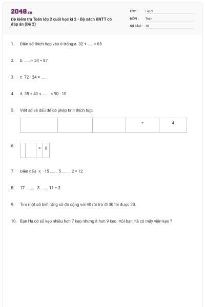 Đề kiểm tra Toán lớp 2 cuối học kì 2 - Bộ sách KNTT có đáp án (Đề 2)