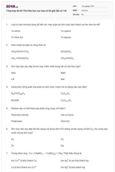 Tổng hợp đề thi Thử Hóa học cực hay có lời giải (Đề số 14)