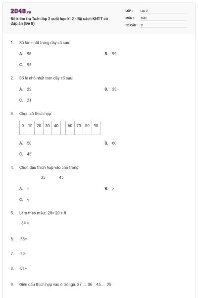 Đề kiểm tra Toán lớp 2 cuối học kì 2 - Bộ sách KNTT có đáp án (Đề 8)