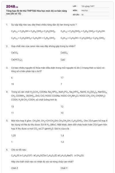 Tổng hợp đề thi thử THPTQG Hóa học mức độ cơ bản nâng cao (đề số 15)