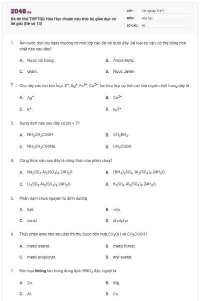 Đề thi thử THPTQG Hóa Học chuẩn cấu trúc bộ giáo dục có lời giải (Đề số 13)