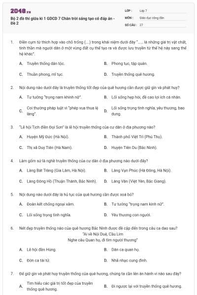 Bộ 2 đề thi giữa kì 1 GDCD 7 Chân trời sáng tạo có đáp án - Đề 2