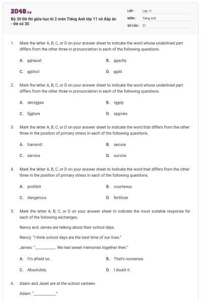 Bộ 30 Đề thi giữa học kì 2 môn Tiếng Anh lớp 11 có đáp án - Đề số 30