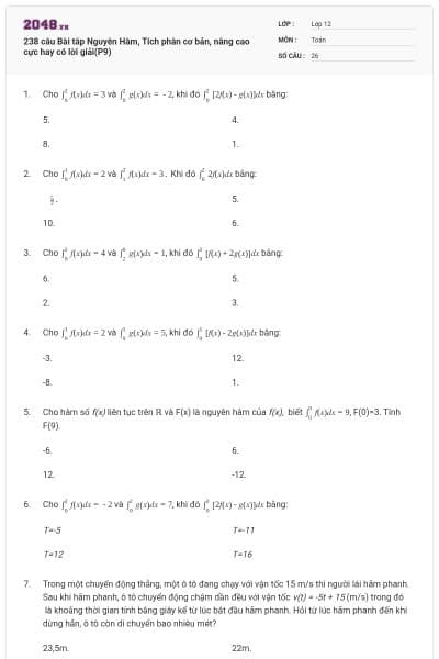 238 câu Bài tâp Nguyên Hàm, Tích phân cơ bản, nâng cao cực hay có lời giải(P9)