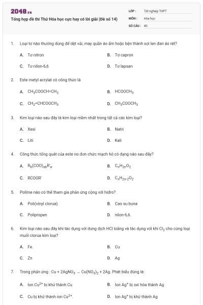 Tổng hợp đề thi Thử Hóa học cực hay có lời giải (Đề số 14)