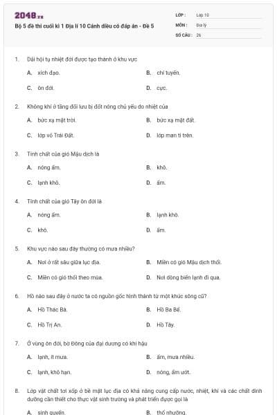 Bộ 5 đề thi cuối kì 1 Địa lí 10 Cánh diều có đáp án - Đề 5