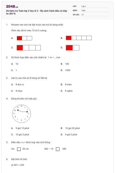 Đề kiểm tra Toán lớp 2 Học kì 2 - Bộ sách Cánh diều có đáp án (Đề 9)