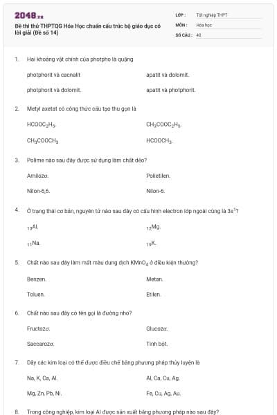 Đề thi thử THPTQG Hóa Học chuẩn cấu trúc bộ giáo dục có lời giải (Đề số 14)