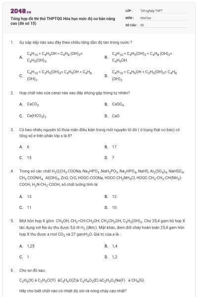 Tổng hợp đề thi thử THPTQG Hóa học mức độ cơ bản nâng cao (đề số 15)