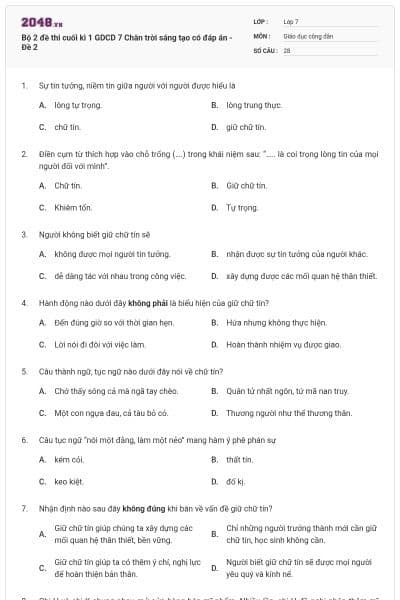 Bộ 2 đề thi cuối kì 1 GDCD 7 Chân trời sáng tạo có đáp án - Đề 2