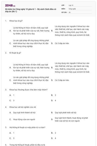 Đề kiểm tra Công nghệ 10 giữa kì 1 - Bộ sách Cánh diều có đáp án (Đề 1)