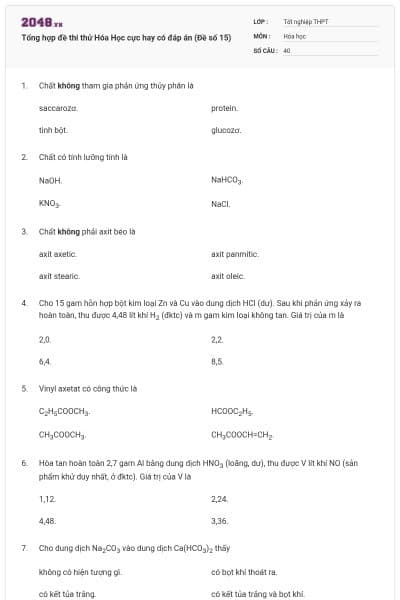 Tổng hợp đề thi thử Hóa Học cực hay có đáp án (Đề số 15)