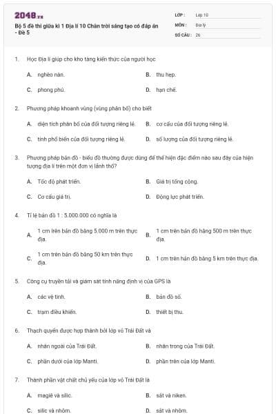 Bộ 5 đề thi giữa kì 1 Địa lí 10 Chân trời sáng tạo có đáp án - Đề 5