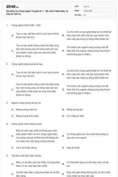 Đề kiểm tra Công nghệ 10 giữa kì 1 - Bộ sách Cánh diều có đáp án (Đề 3)