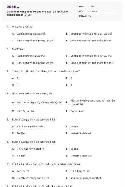 Đề kiểm tra Công nghệ 10 giữa học kì 2 - Bộ sách Cánh diều có đáp án (Đề 2)