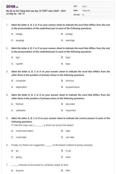 Bộ đề ôn thi Tiếng Anh vào lớp 10 THPT năm 2020 - 2021 có đáp án - Đề 12