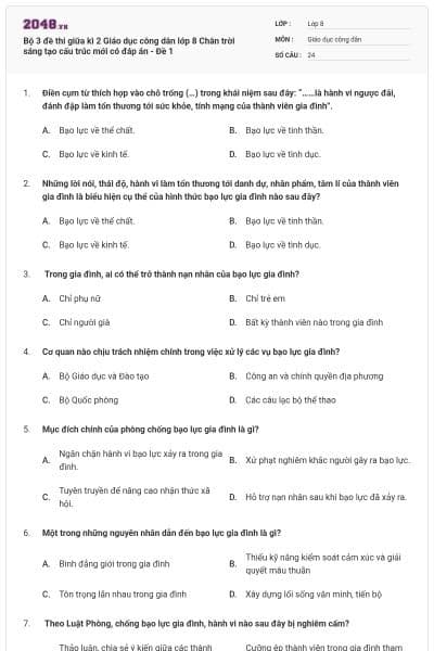Bộ 3 đề thi giữa kì 2 Giáo dục công dân lớp 8 Chân trời sáng tạo cấu trúc mới có đáp án - Đề 1
