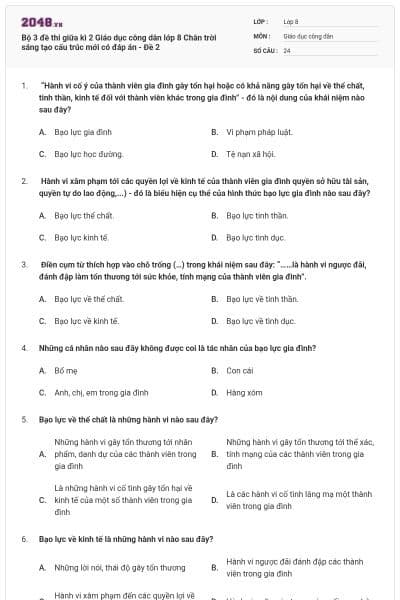 Bộ 3 đề thi giữa kì 2 Giáo dục công dân lớp 8 Chân trời sáng tạo cấu trúc mới có đáp án - Đề 2