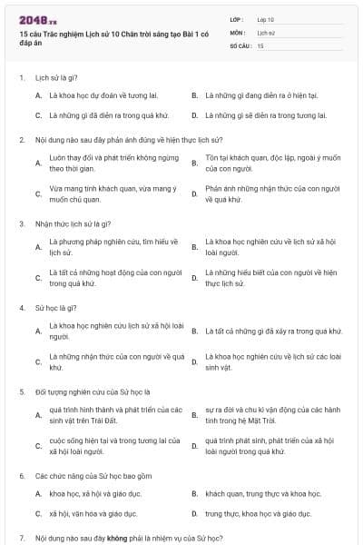 15 câu Trắc nghiệm Lịch sử 10 Chân trời sáng tạo Bài 1 có đáp án