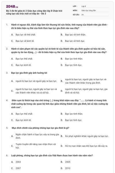 Bộ 3 đề thi giữa kì 2 Giáo dục công dân lớp 8 Chân trời sáng tạo cấu trúc mới có đáp án - Đề 3