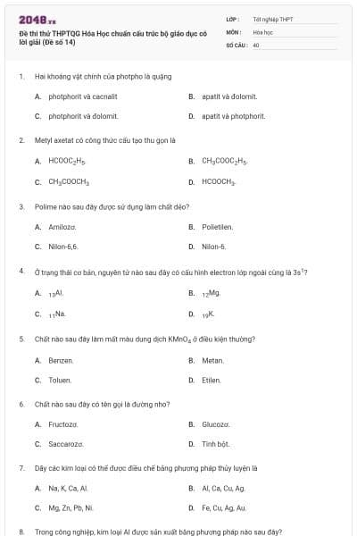 Đề thi thử THPTQG Hóa Học chuẩn cấu trúc bộ giáo dục có lời giải (Đề số 14)