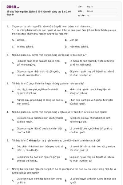 15 câu Trắc nghiệm Lịch sử 10 Chân trời sáng tạo Bài 2 có đáp án