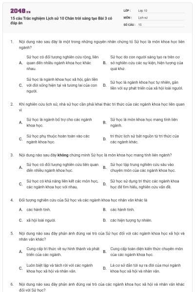 15 câu Trắc nghiệm Lịch sử 10 Chân trời sáng tạo Bài 3 có đáp án