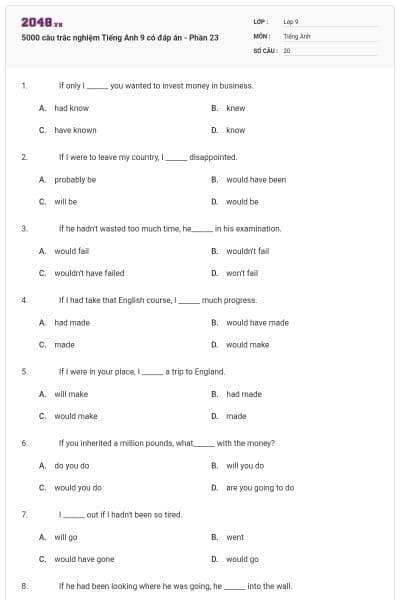 5000 câu trắc nghiệm Tiếng Anh 9 có đáp án - Phần 23