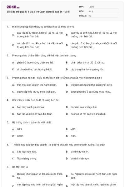 Bộ 5 đề thi giữa kì 1 Địa lí 10 Cánh diều có đáp án - Đề 5