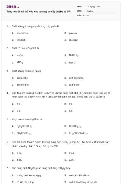 Tổng hợp đề thi thử Hóa Học cực hay có đáp án (Đề số 15)