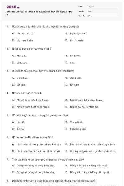 Bộ 5 đề thi cuối kì 1 Địa lí 10 Kết nối tri thức có đáp án - Đề 5