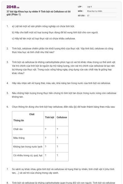37 bài tập Khoa học tự nhiên 9 Tinh bột và Cellulose có lời giải (Phần 1)