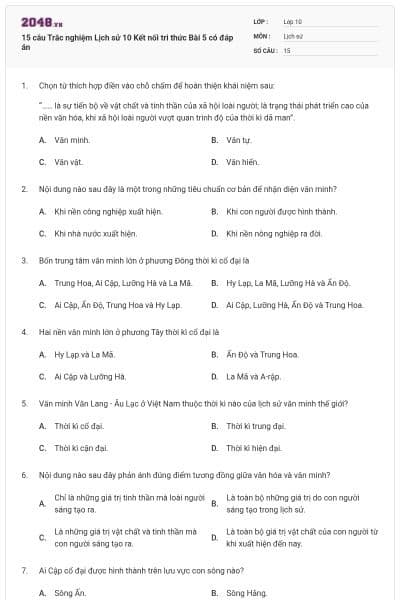 15 câu Trắc nghiệm Lịch sử 10 Kết nối tri thức Bài 5 có đáp án