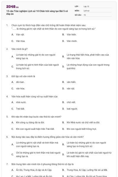 15 câu Trắc nghiệm Lịch sử 10 Chân trời sáng tạo Bài 5 có đáp án