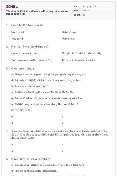 Tổng hợp đề thi thử Hóa Học mức độ cơ bản - nâng cao có đáp án (Đề số 11)