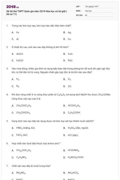Đề thi thử THPT Quốc gia năm 2019 Hóa học có lời giải ( Đề số 11)