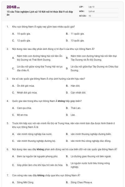 15 câu Trắc nghiệm Lịch sử 10 Kết nối tri thức Bài 9 có đáp án