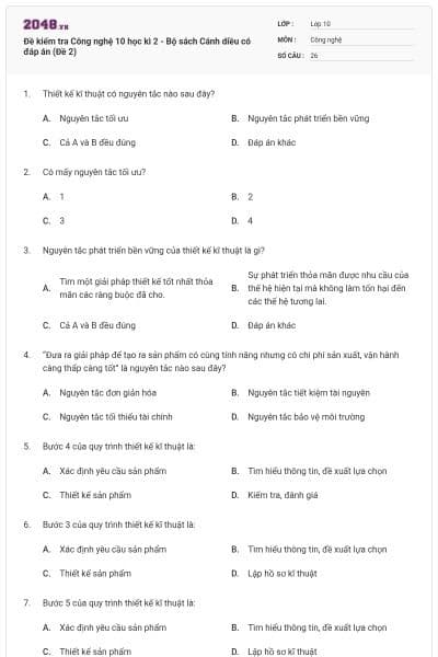 Đề kiểm tra Công nghệ 10 học kì 2 - Bộ sách Cánh diều có đáp án (Đề 2)