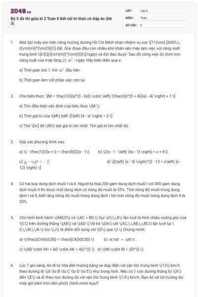 Bộ 5 đề thi giữa kì 2 Toán 8 Kết nối tri thức có đáp án (Đề 3)