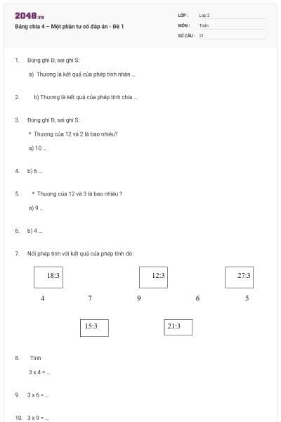 Bảng chia 4 – Một phần tư có đáp án - Đề 1