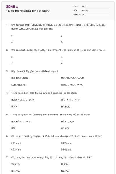 100 câu trắc nghiệm Sự điện li cơ bản(P2)