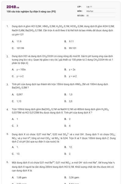 100 câu trắc nghiệm Sự điện li nâng cao (P5)