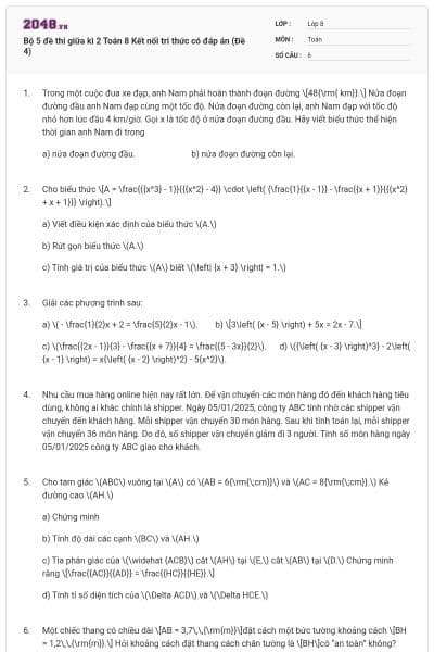 Bộ 5 đề thi giữa kì 2 Toán 8 Kết nối tri thức có đáp án (Đề 4)