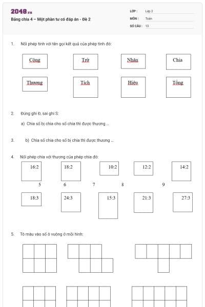Bảng chia 4 – Một phần tư có đáp án - Đề 2